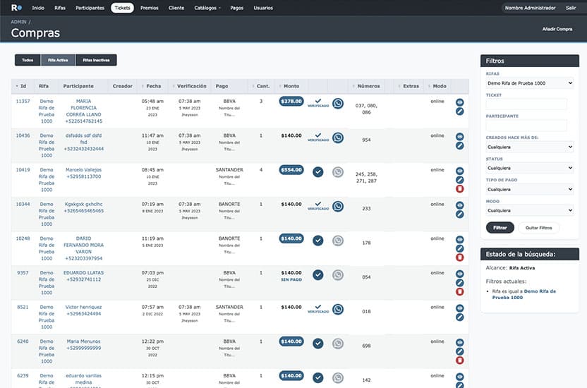 Panel de administración de Tickets